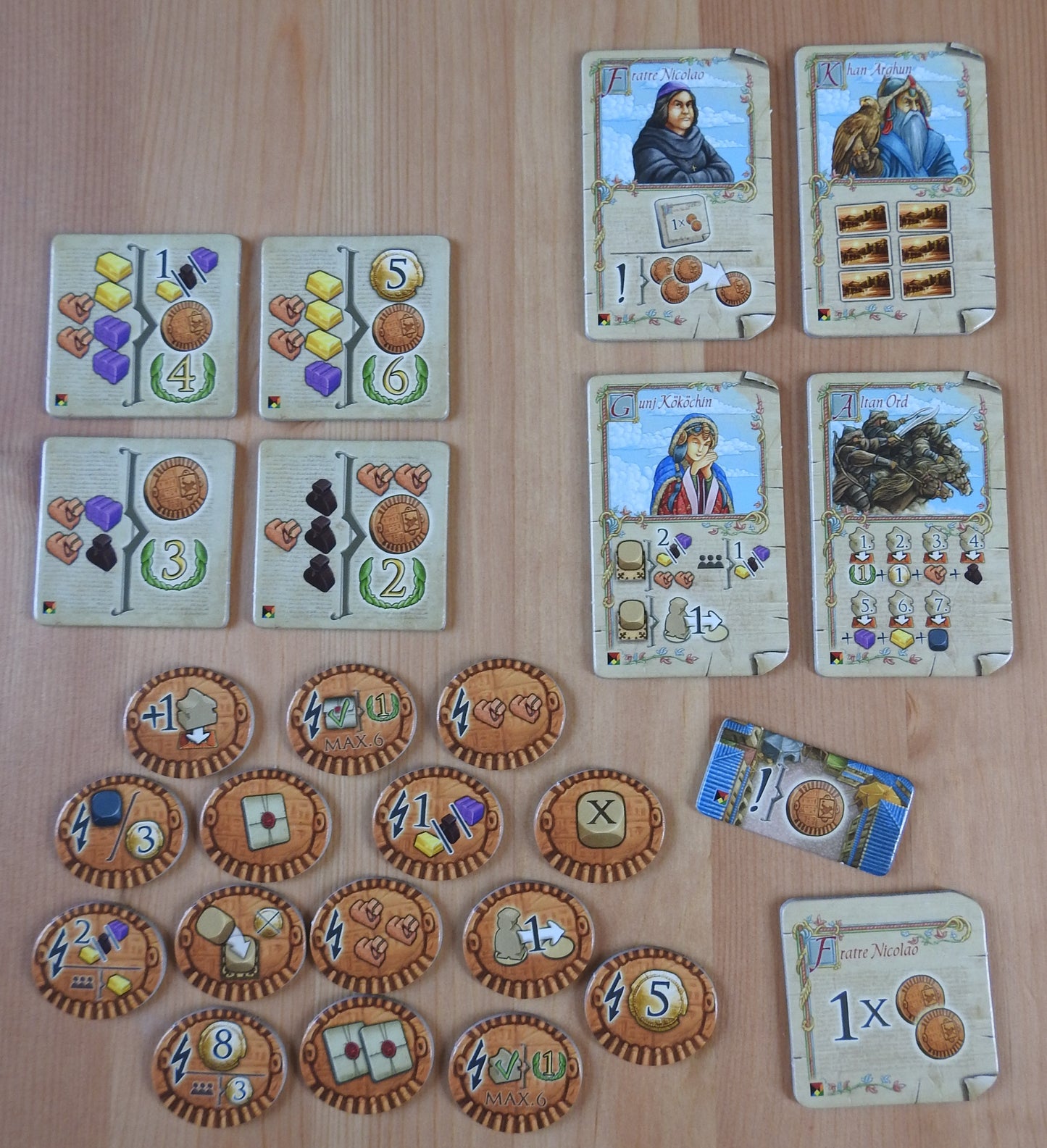 Top view showing the 4 new characters, 4 contracts, 15 goal tokens and 2 other tokens included with this Marco Polo - New Characters mini expansion.
