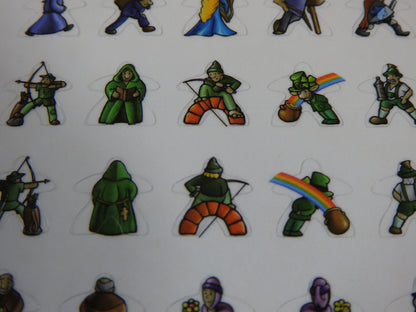 Close-up of two rows of Carcassonne meeple stickers, showing archers and leprechauns.