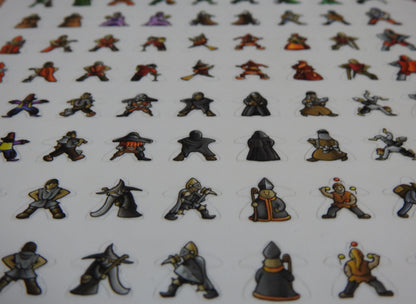 Close-up of half the sheet of Carcassonne meeple stickers, showing bishops, witches and medieval jugglers.