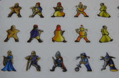 Close-up of three rows of Carcassonne meeple stickers, showing various medieval characters such as monks, jugglers and knights.