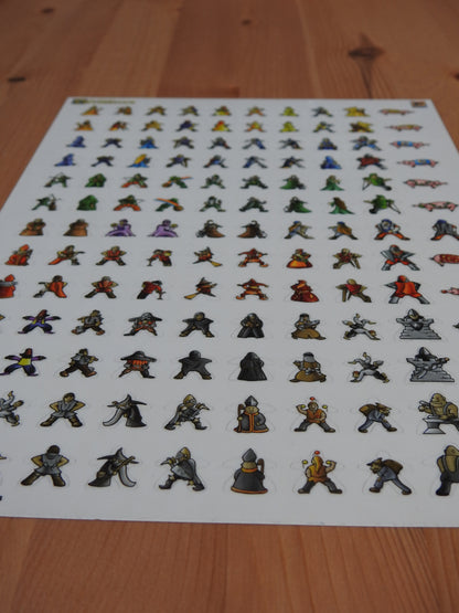 Long-shot showing the 13 rows of Carcassonne meeple stickers, with 10 stickers on each row.