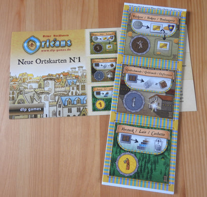 Top view of the new place tiles and rules included with this Orleans - New Place Tiles No.1 mini expansion.