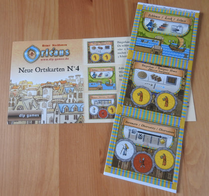 Top view of the 3 new place tiles and rules included with this Orleans - New Place Tiles No.4 mini expansion.