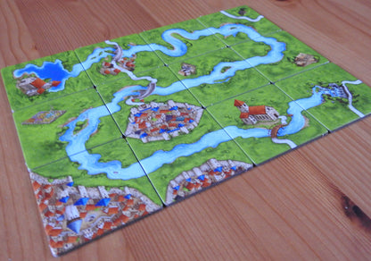 A view of all the tiles from a different angle in this River I mini expansion for Carcassonne.