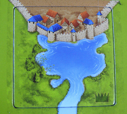 Close-up of a city tile situated next to a pool which flows into the river.