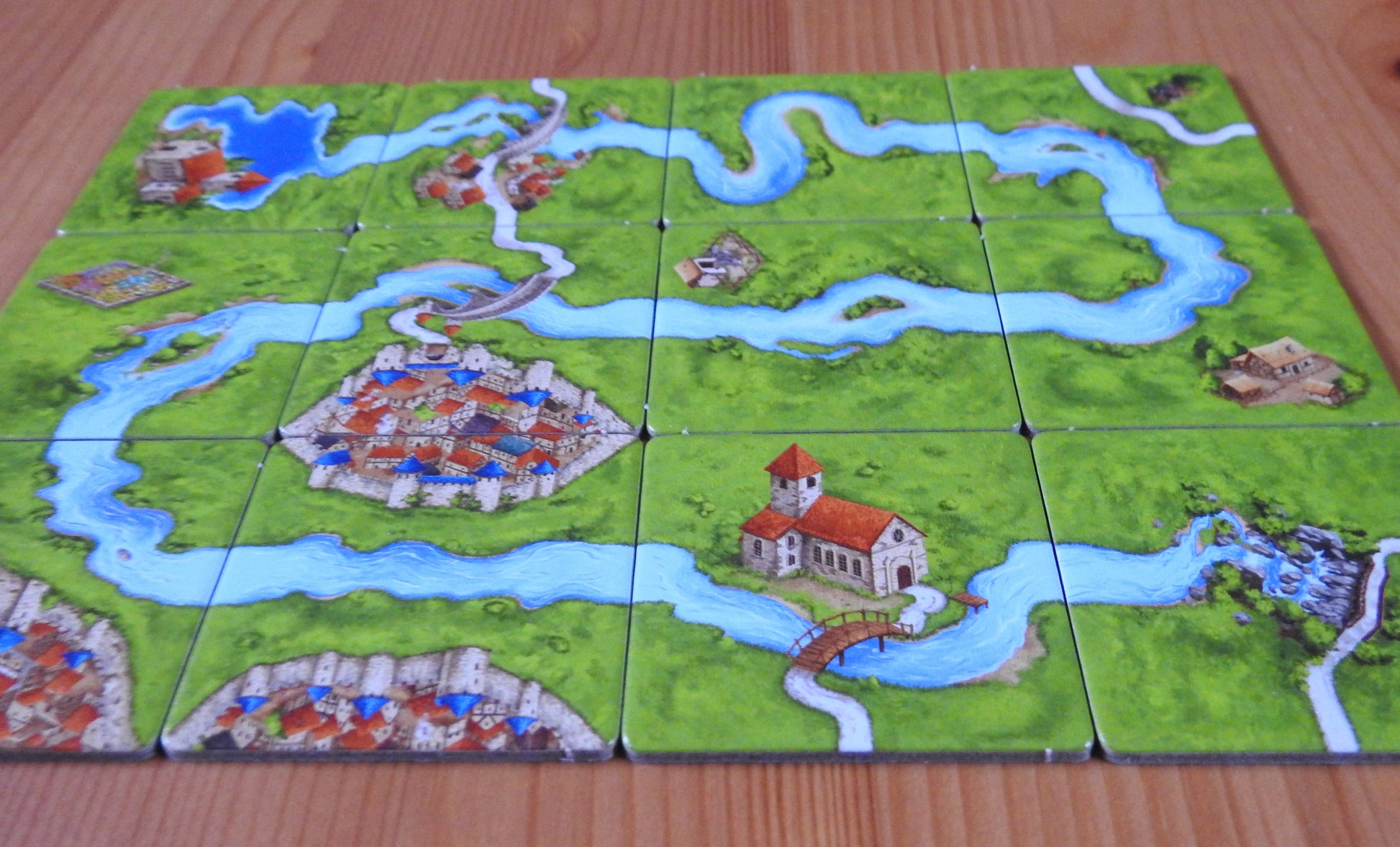 A further view of all the 12 included tiles in this River I mini expansion for Carcassonne.