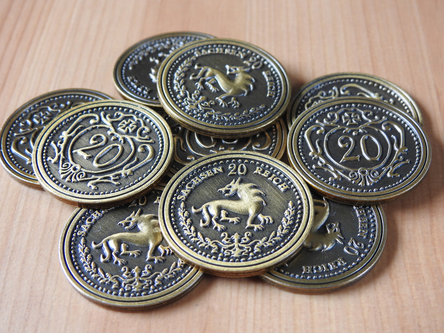 Close-up view of the gold $20 coins.