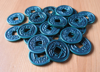 Close-up view of the turquoise $1 coins.