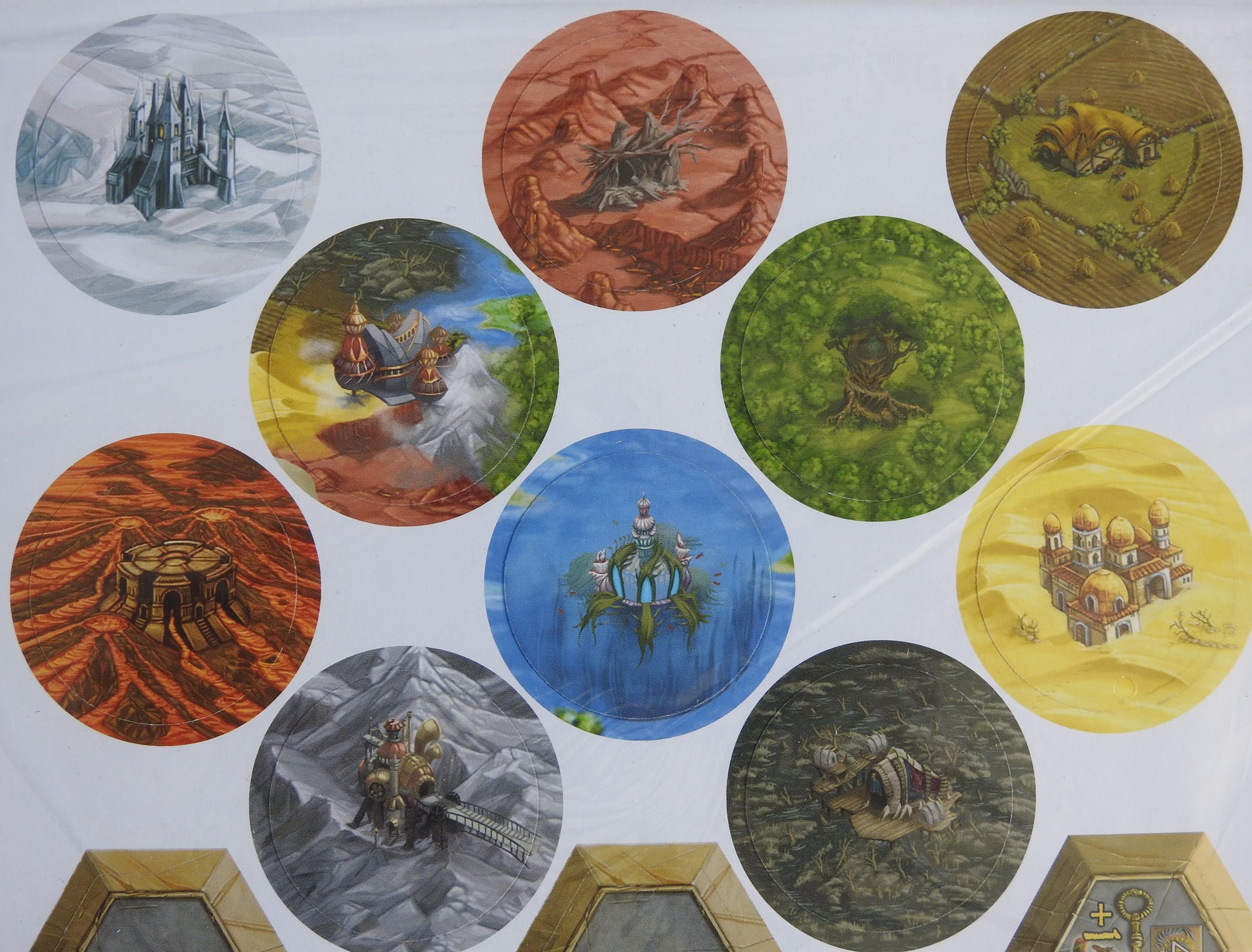 Close-up view of the new special landscape tiles included in this Terra Mystica mini expansion.