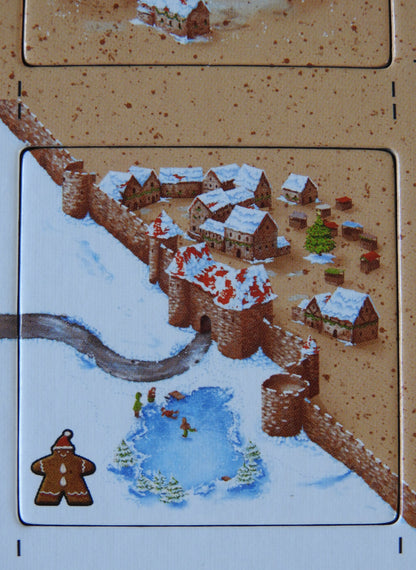 Another tile close-up, with people skating on a frozen pond outside the city gates.